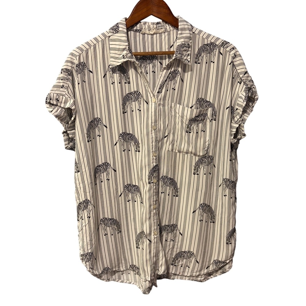 Jane + Delancey Zebra Stripe Button Front Blouse XL White Black Short Sleeve Top